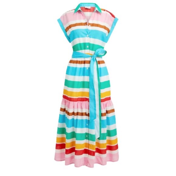 NWT JCrew Midi Stripe Shirt Dress Womens 00 Pink Blue Rainbow Short Sleeve NEW - Picture 12 of 12